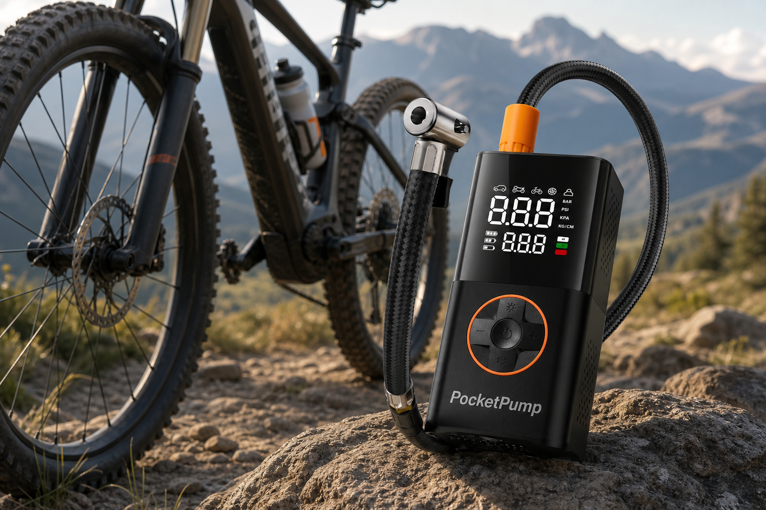 PocketPump resting on a rock next to a mountain bike on a trail