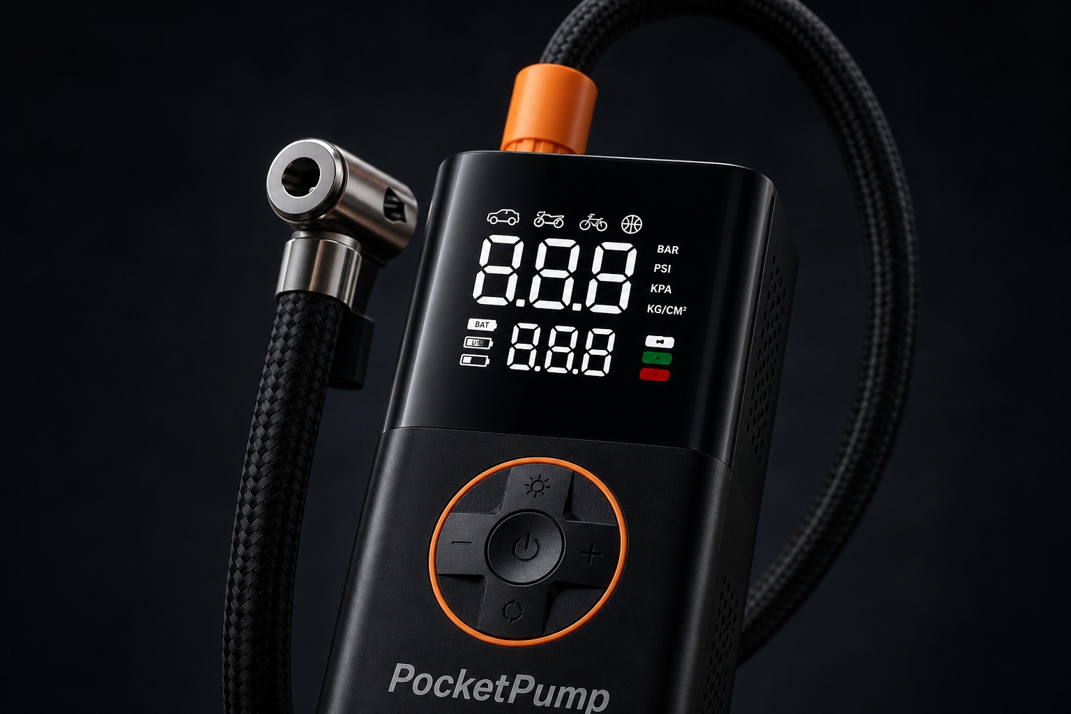 Close-up of the PocketPump digital pressure display and mode icons
