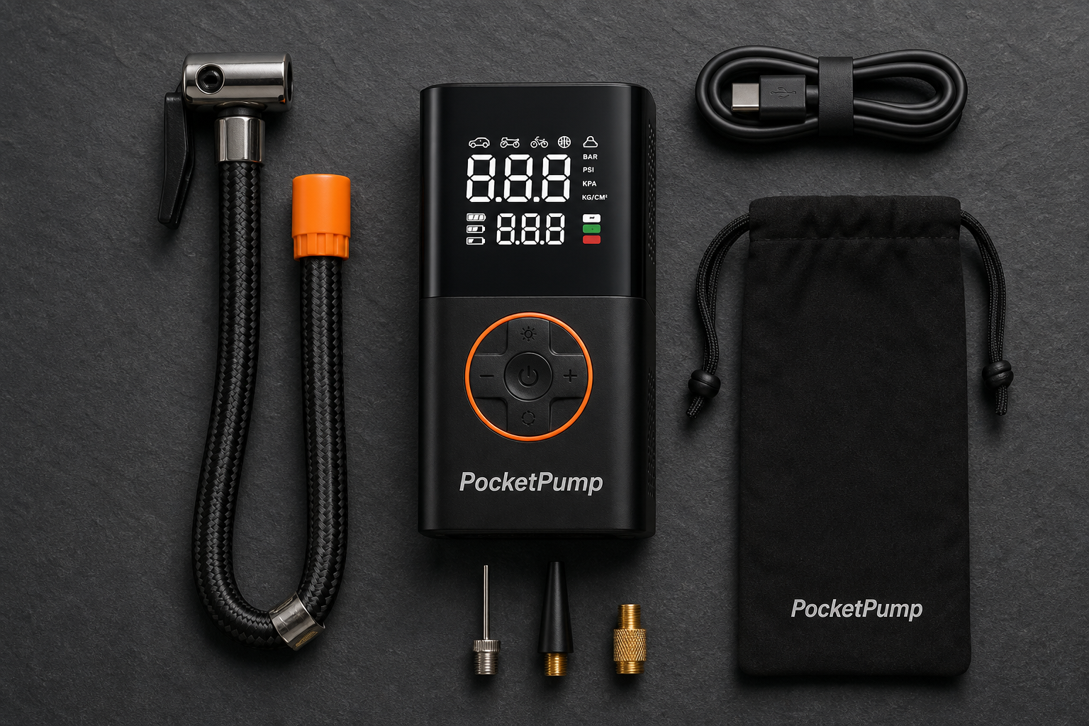 PocketPump with included hose, USB-C cable, nozzle adapters and pouch