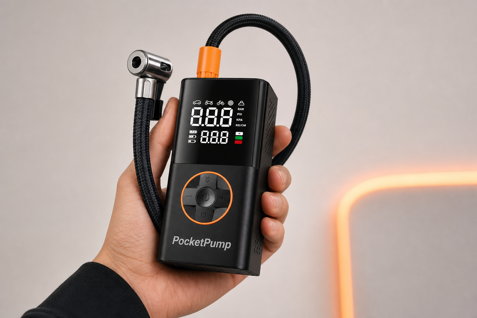 PocketPump held in hand to show its compact glovebox size