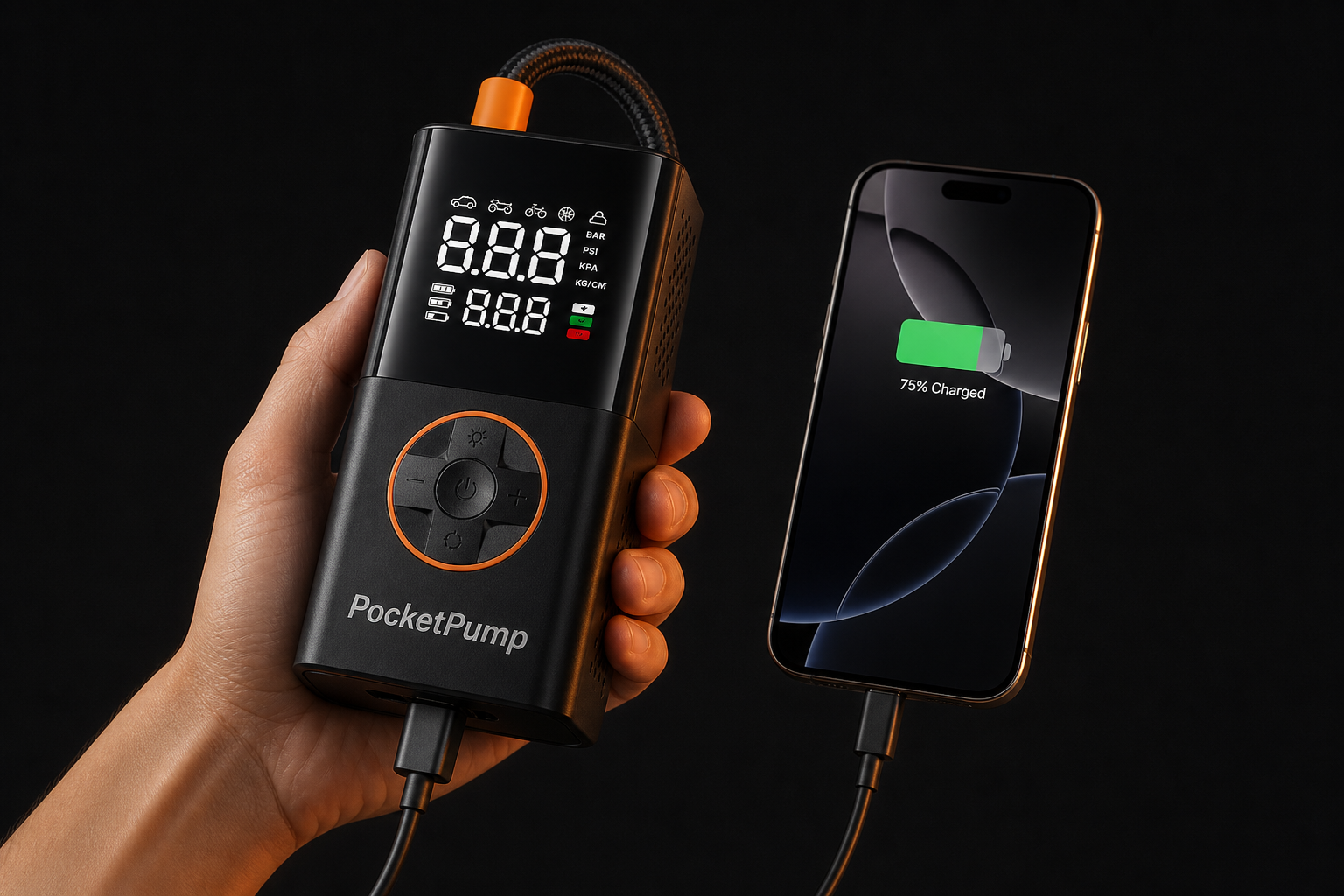 PocketPump charging a phone as a backup power bank