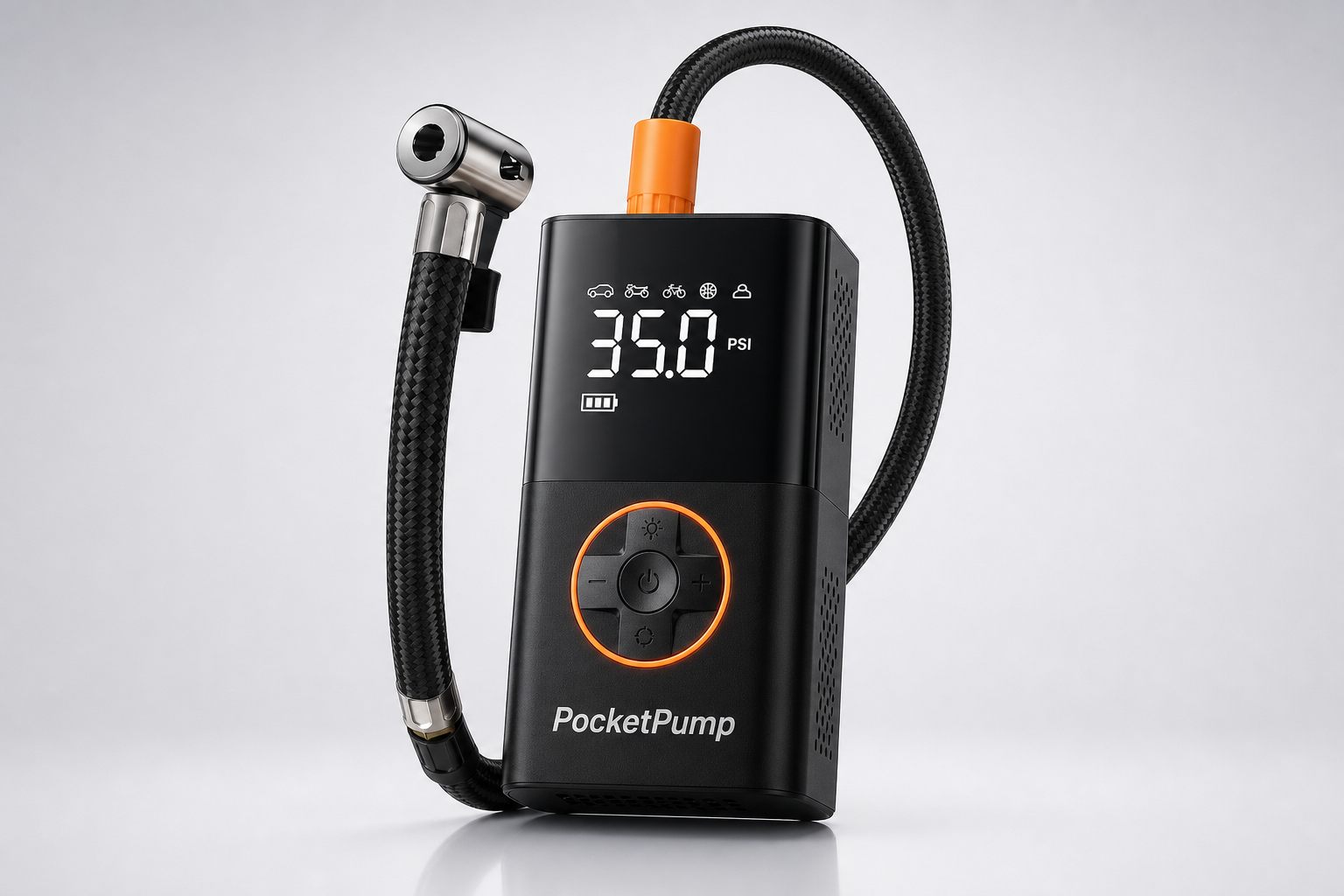 PocketPump cordless tire inflator with braided air hose