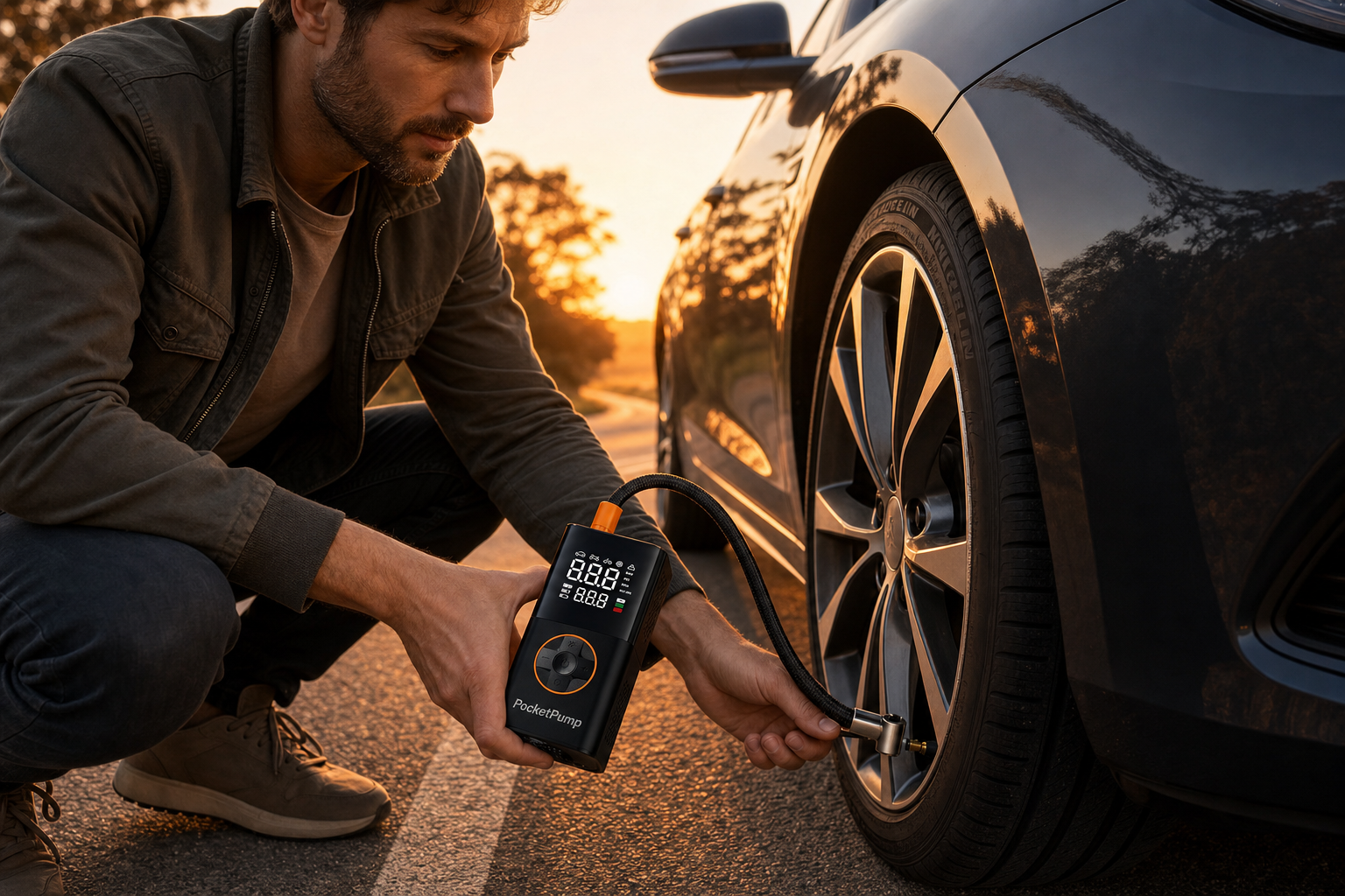 Driver using PocketPump to inflate a car tire on the roadside at sunset